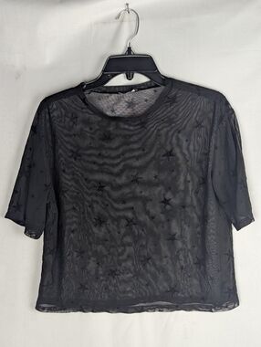 Women's Black Sheer Star-Print Short Sleeve Tee